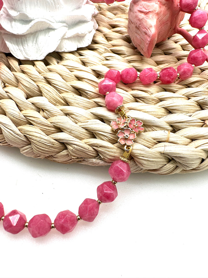 Pink Faceted Gemstone With Flower Pendant Necklace LN002