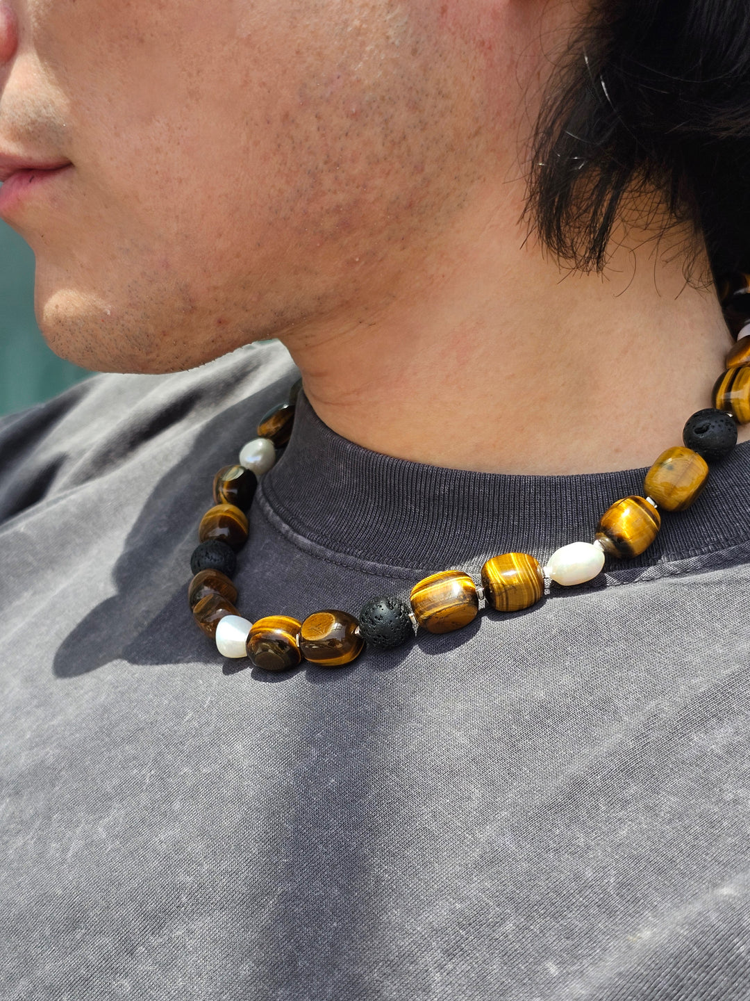 Nugget Tiger-eye Stone With Freshwater Pearls Men's Necklace MEN18