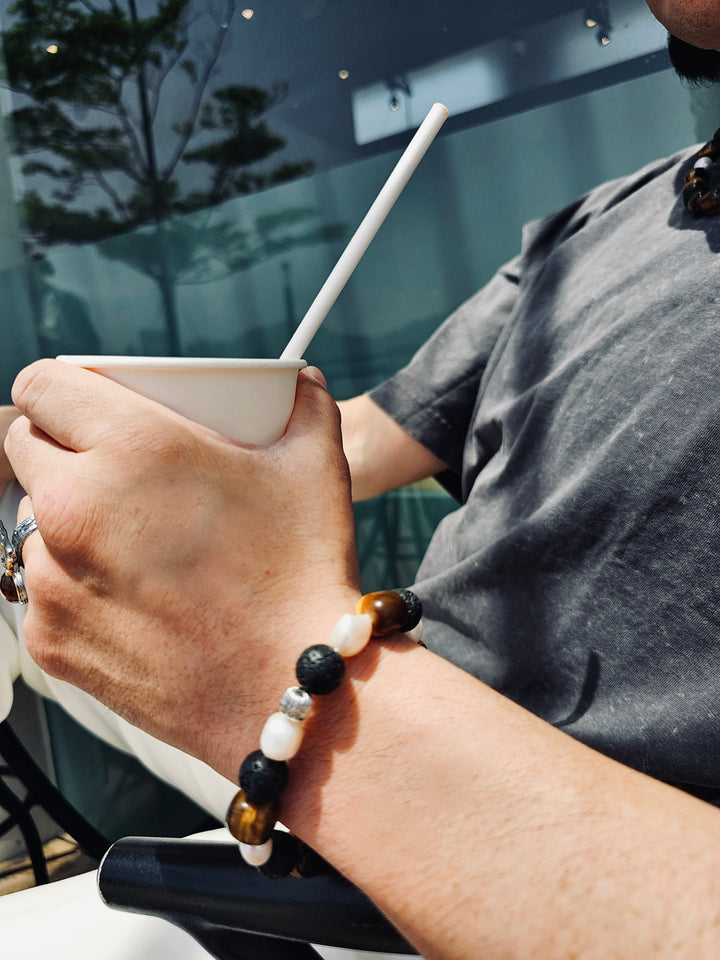 Tiger-eye With Black Lava Stone And Pearls Bracelet MEB14