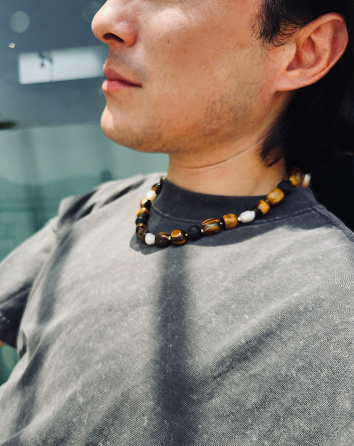 Nugget Tiger-eye Stone With Freshwater Pearls Men's Necklace MEN18