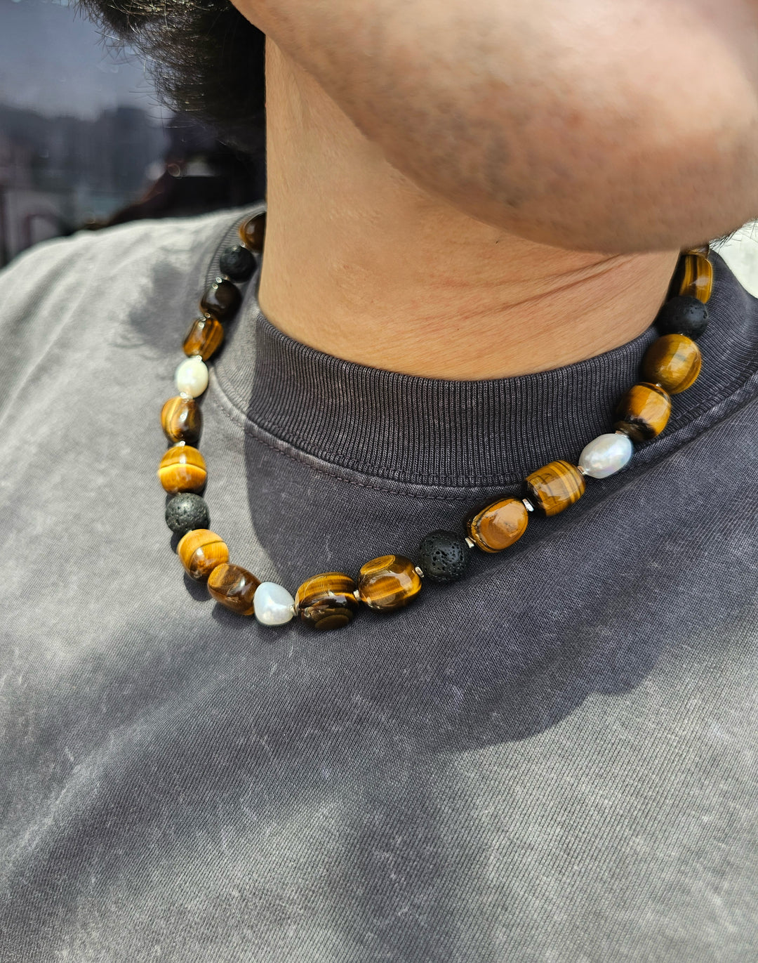 Nugget Tiger-eye Stone With Freshwater Pearls Men's Necklace MEN18