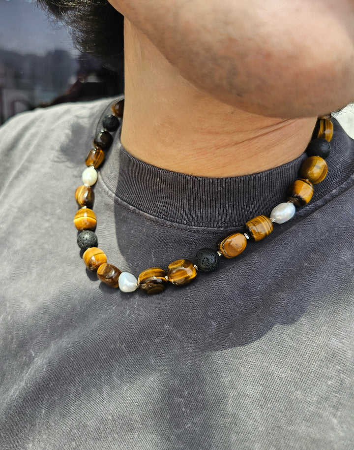 Nugget Tiger-eye Stone With Freshwater Pearls Men's Necklace MEN18