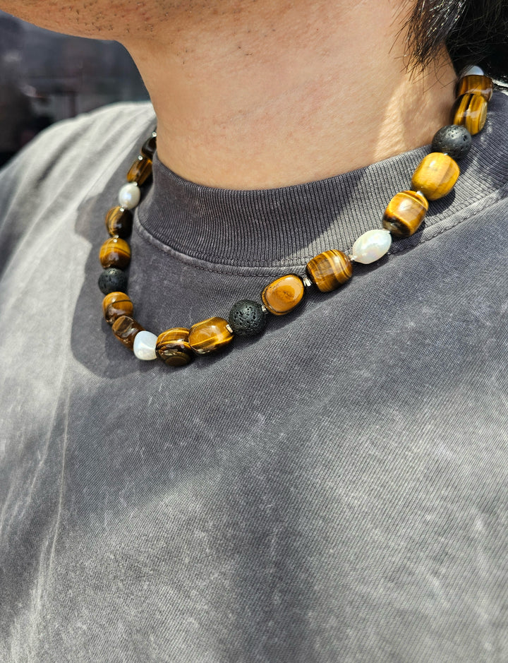 Nugget Tiger-eye Stone With Freshwater Pearls Men's Necklace MEN18