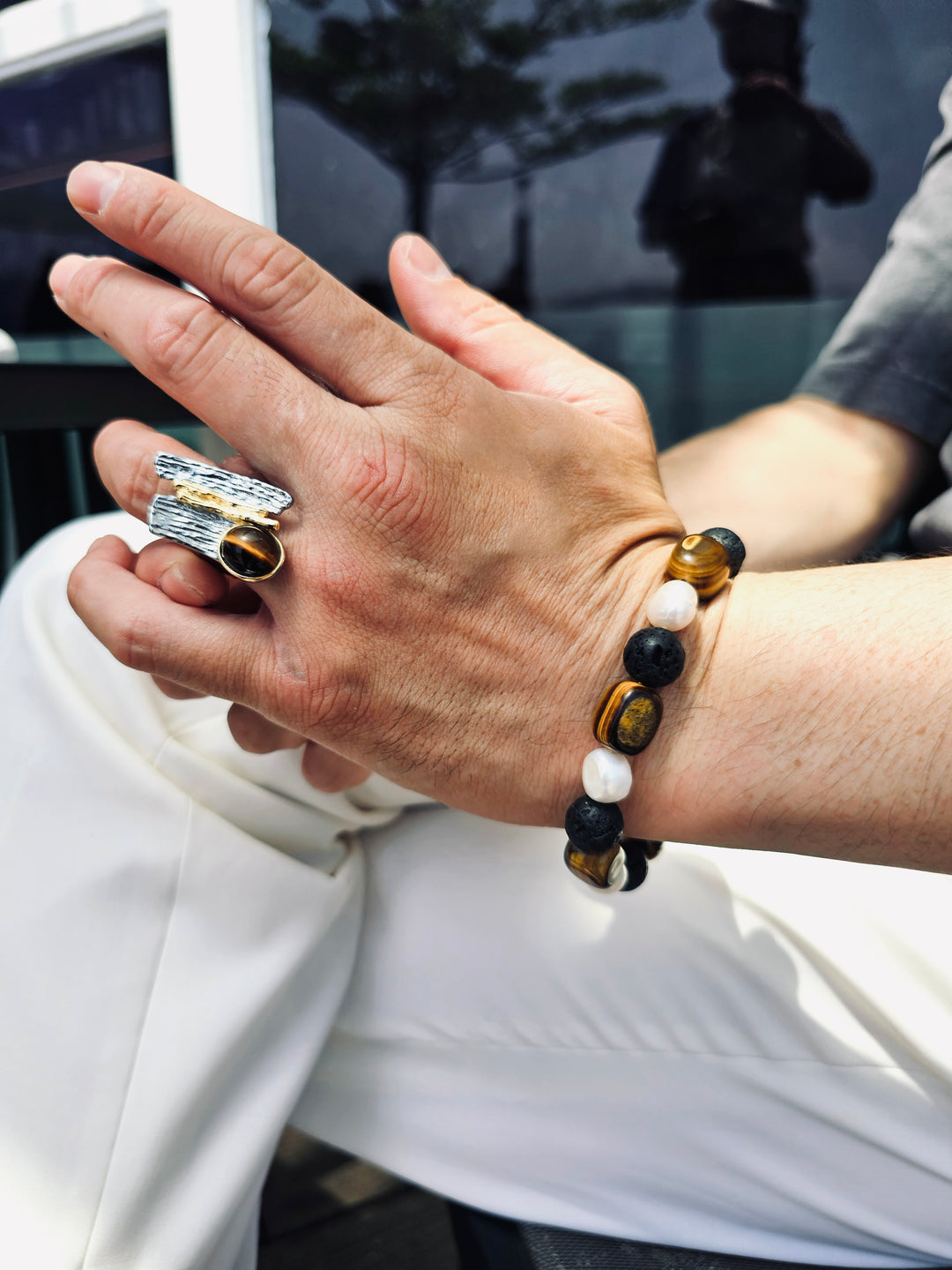 Tiger-eye With Black Lava Stone And Pearls Bracelet MEB14