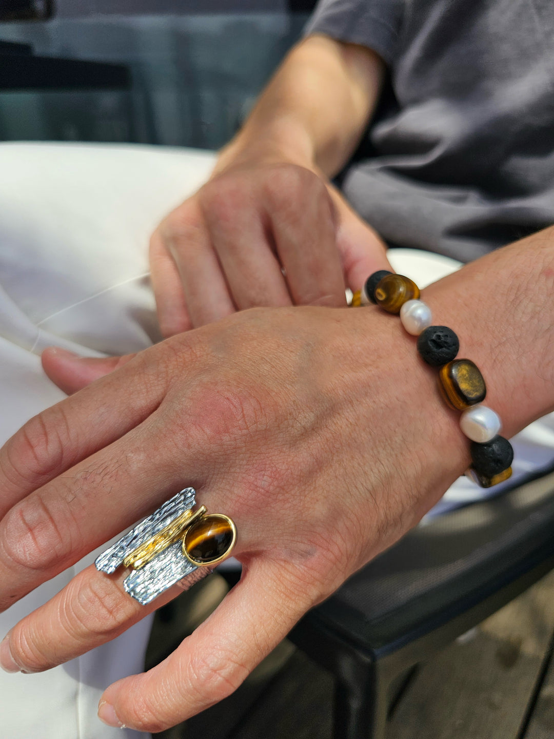 Tiger-eye With Black Lava Stone And Pearls Bracelet MEB14