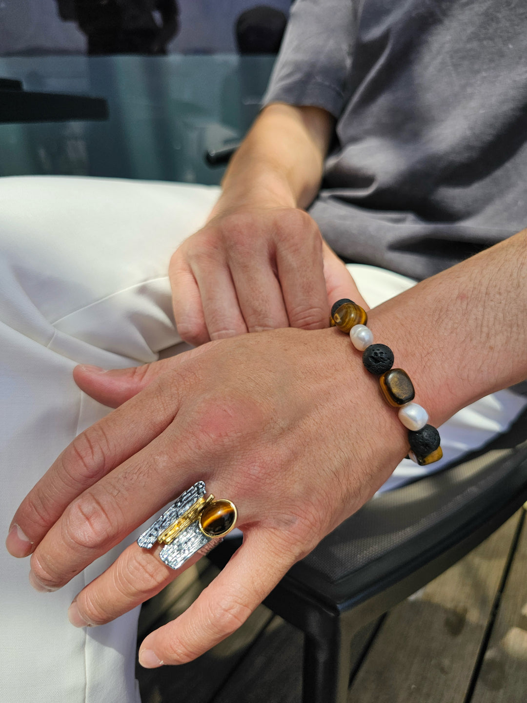 Tiger-eye With Black Lava Stone And Pearls Bracelet MEB14