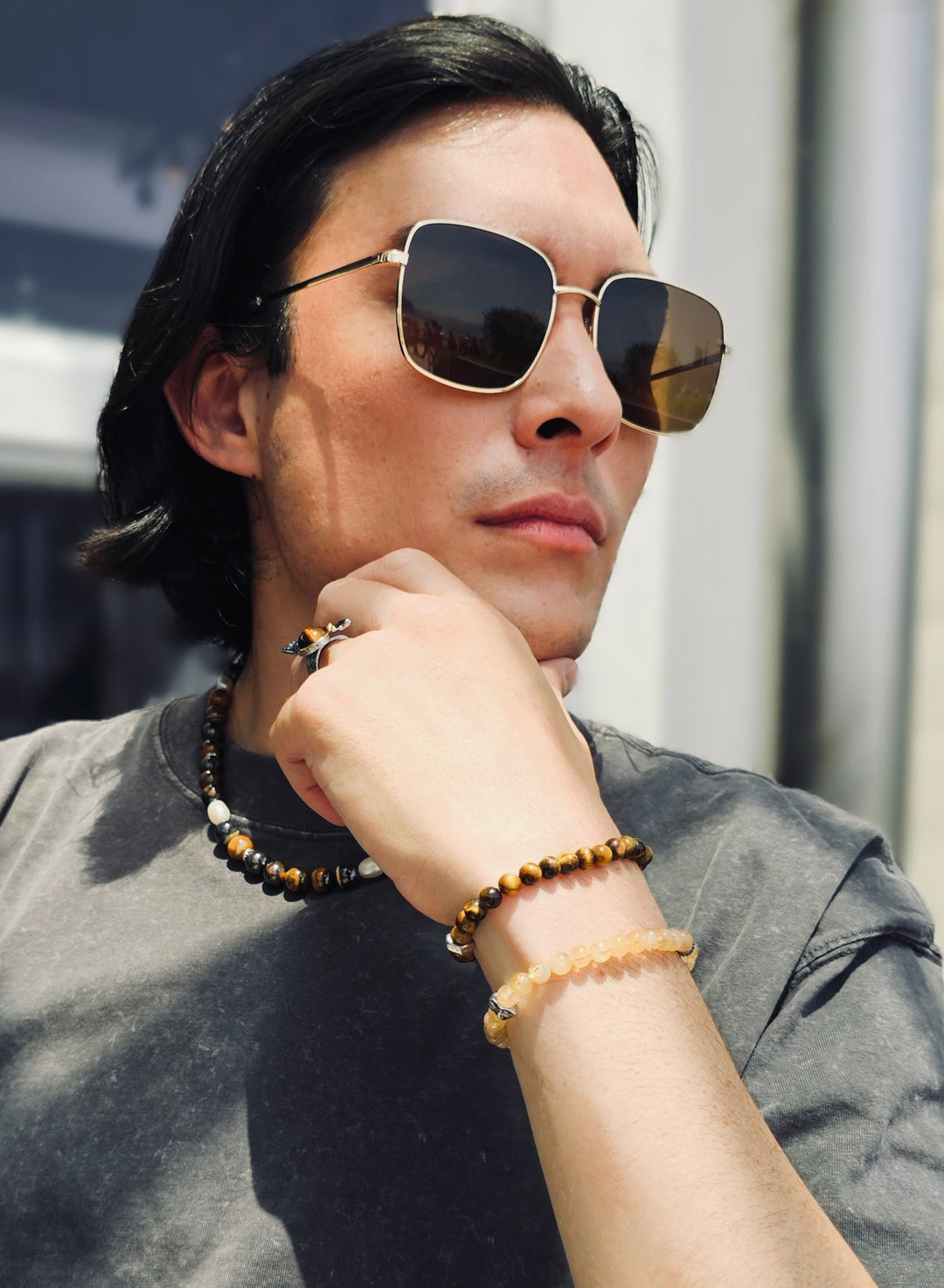 Brown Tiger-Eye Stone Flexible Men's Bracelet MEB12