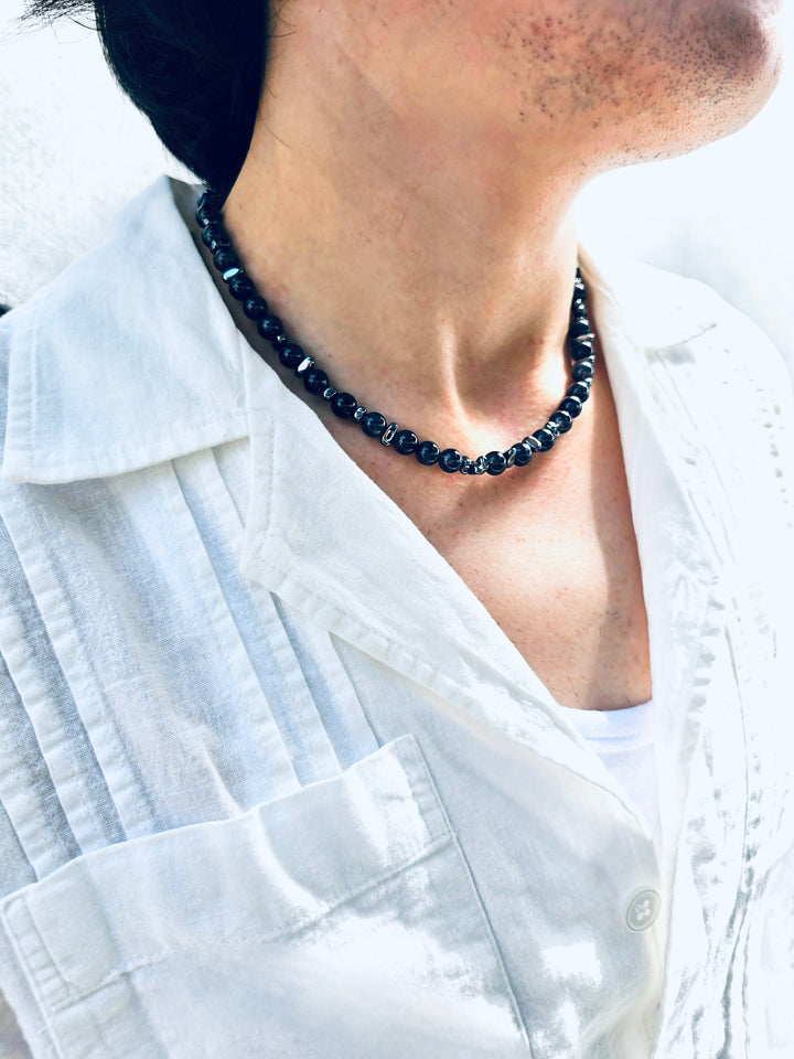 Black Obsidian With Hematite Mens Necklace MEN13