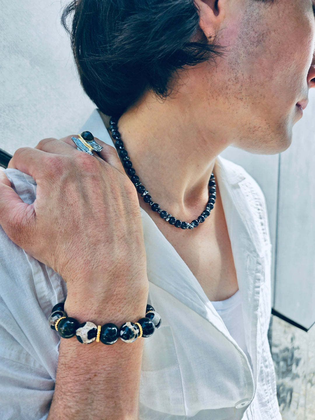 Black Obsidian With Hematite Mens Necklace MEN13