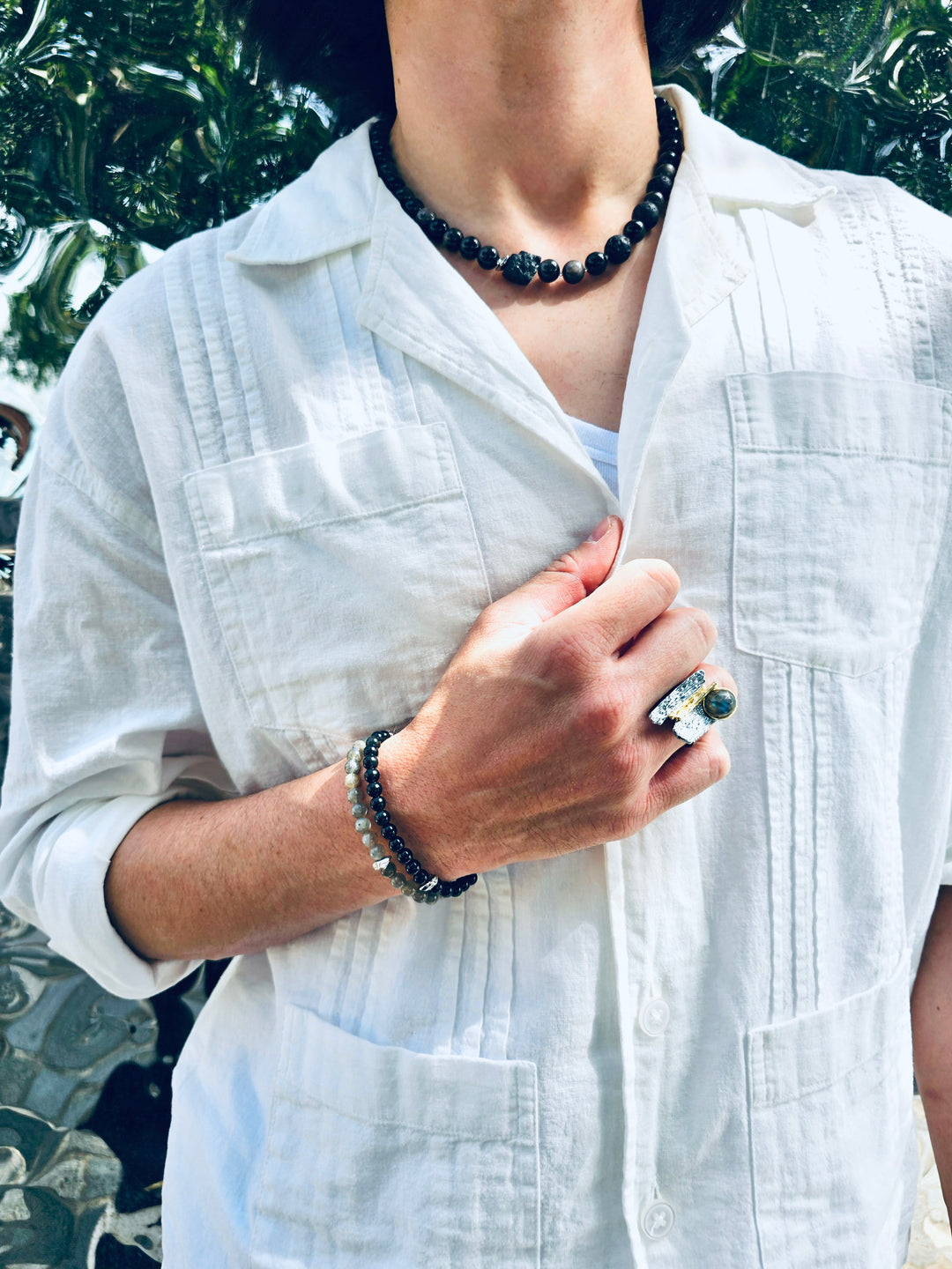 Obsidian With Black Lava Stone Men's Necklace MEN15