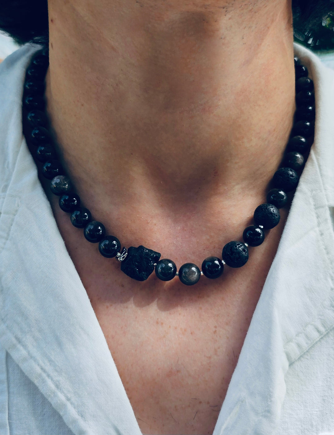 Obsidian With Black Lava Stone Men's Necklace MEN15