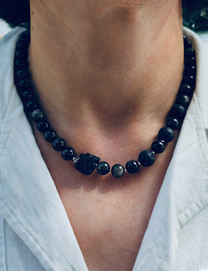 Obsidian With Black Lava Stone Men's Necklace MEN15