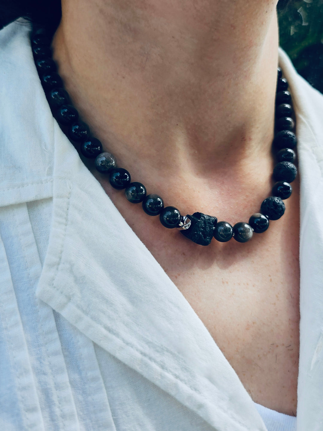 Obsidian With Black Lava Stone Men's Necklace MEN15