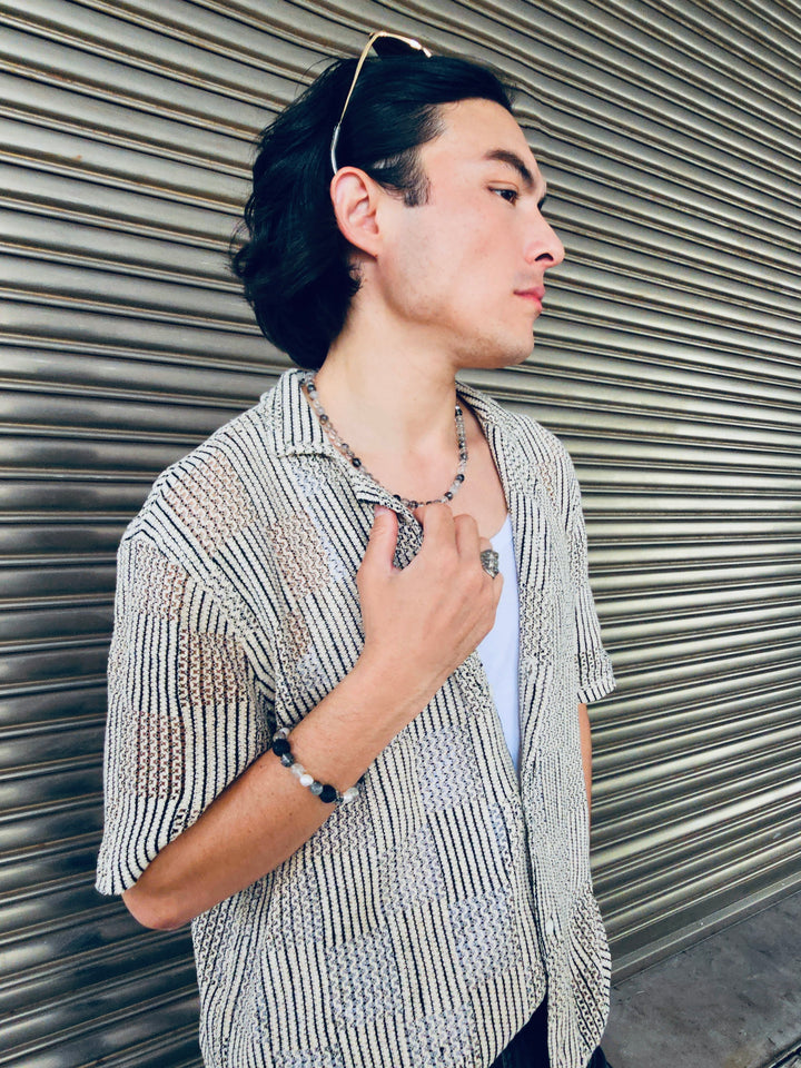 Black Rutilated Quartz With Lava Stone And Pearls Necklace MEN16