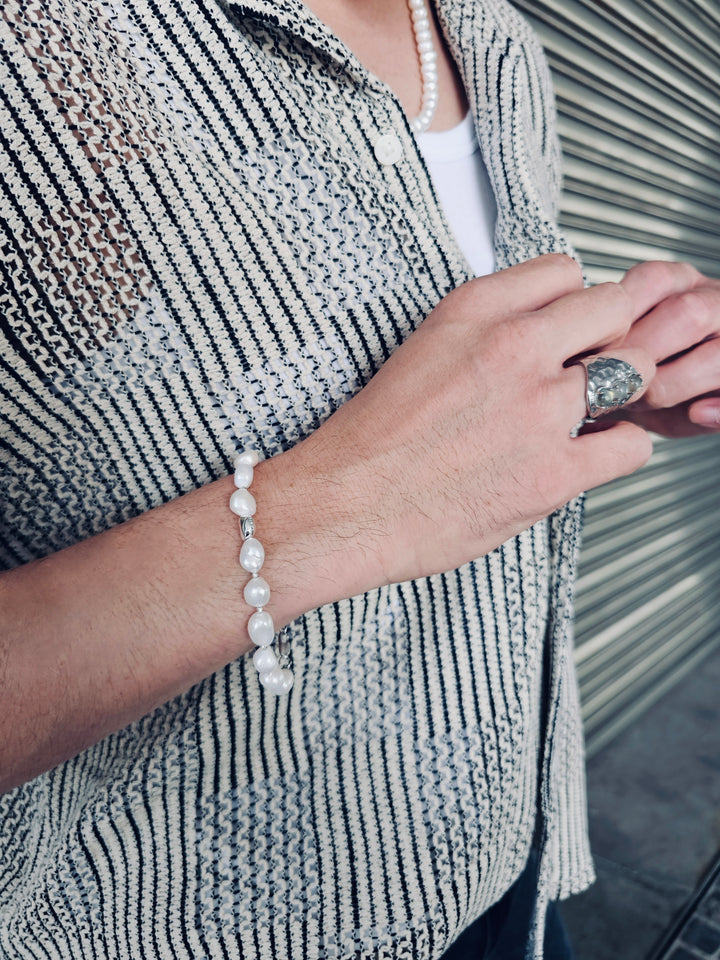 Freshwater Pearls With Sterling Silver Men's Bracelet MEB04