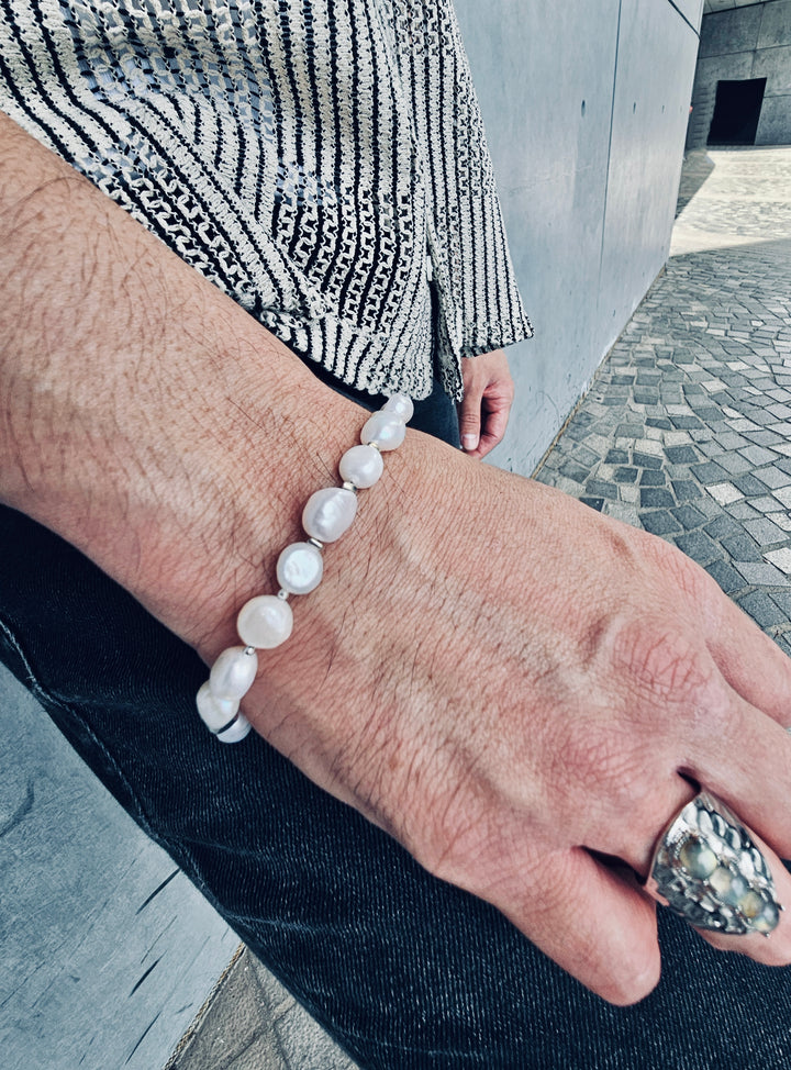 Freshwater Pearls With Sterling Silver Men's Bracelet MEB04