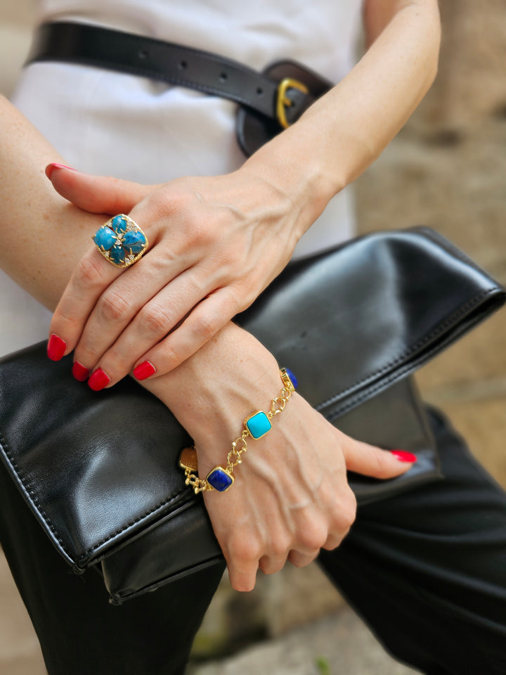 Square Blue Turquoise And Lapis Chain Bracelet NB015