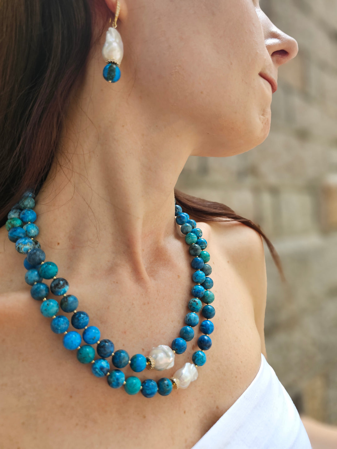 Blue Opal With Baroque Pearls Double Layers Necklace NN047