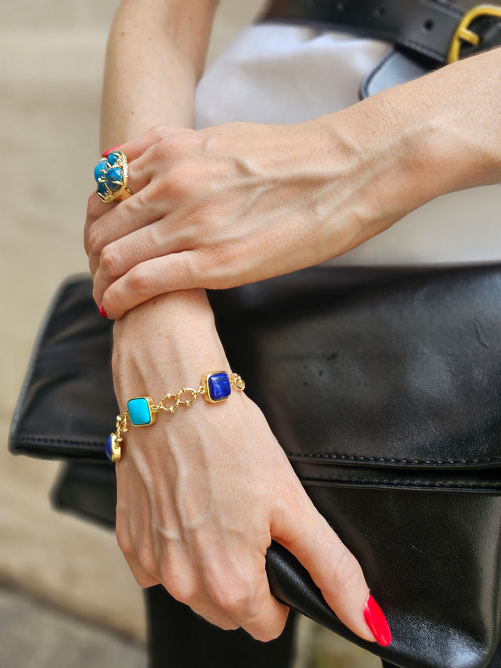 Square Blue Turquoise And Lapis Chain Bracelet NB015