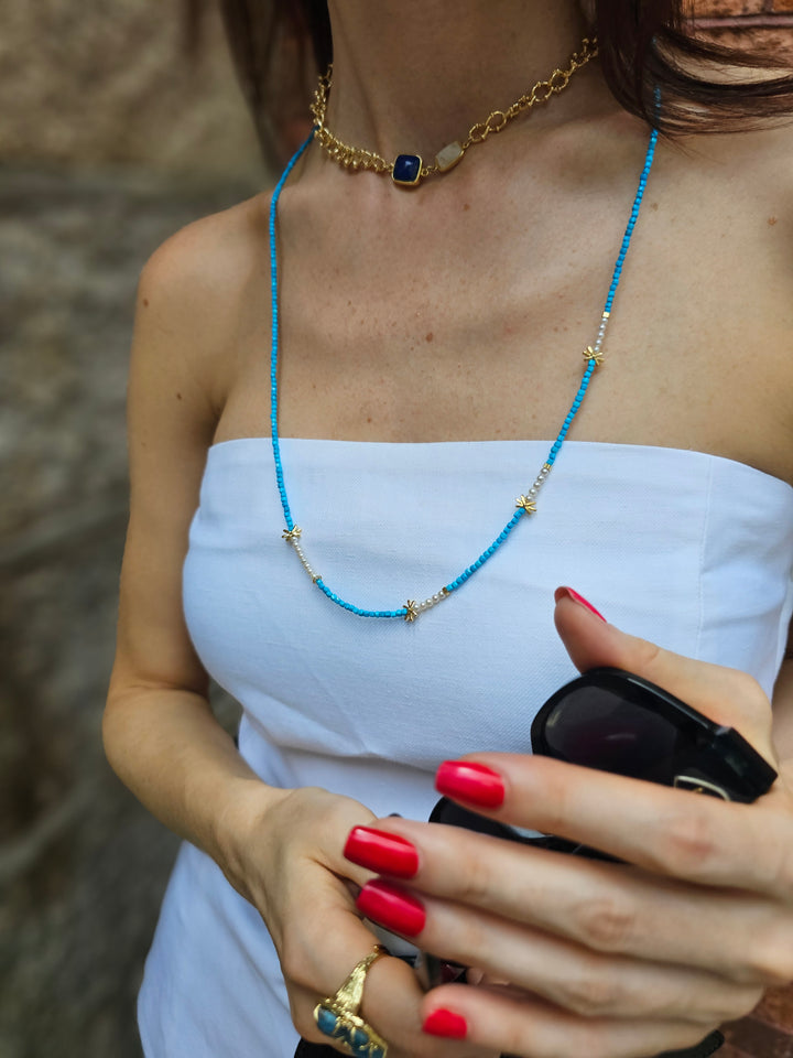 Blue Lapis And White Moonstone With Chain Modern Necklace NN042