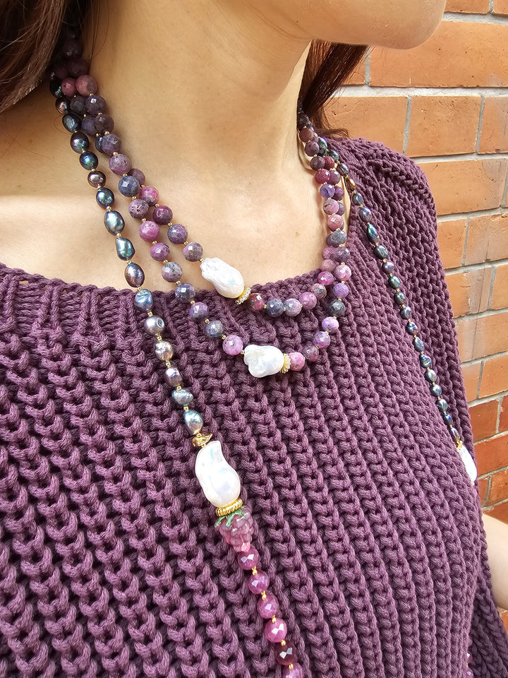 Purple Ruby and Baroque Pearls Double Layers Necklace NN018