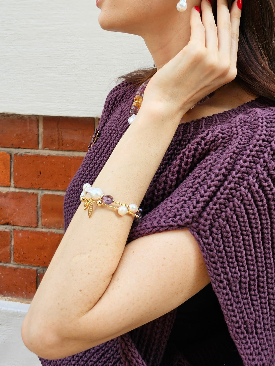 Baroque Pearls With Heart Shaped Amethyst Bracelet / Choker NB008