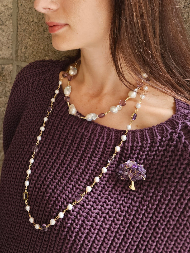 Freshwater Pearls With Amethyst Long Necklace NN023