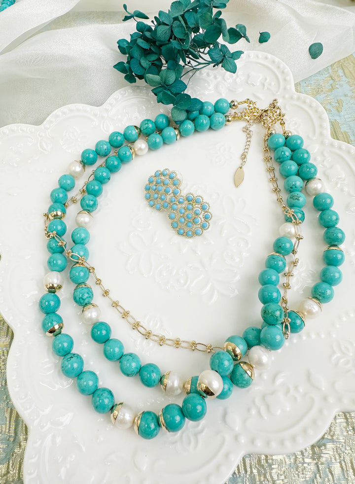 Turquoise & Freshwater Pearls Double Strands Necklace KN015 - FARRA