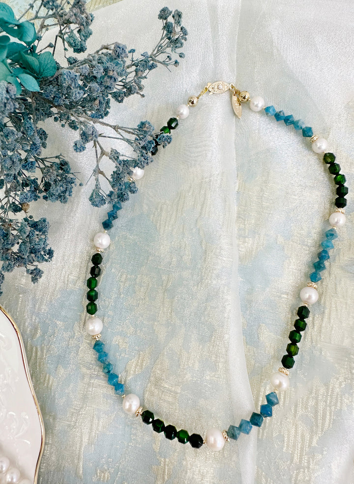 Apatite With Agate and Freshwater Pearls Short Necklace KN012 - FARRA