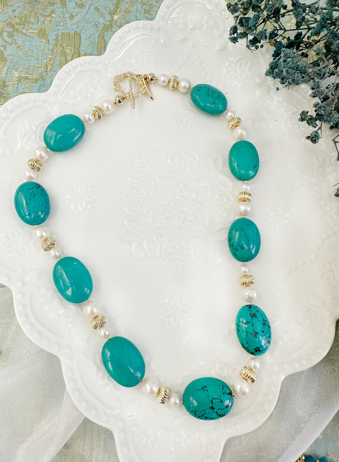Oval Turquoise & Freshwater Pearls Statement Necklace KN009 - FARRA