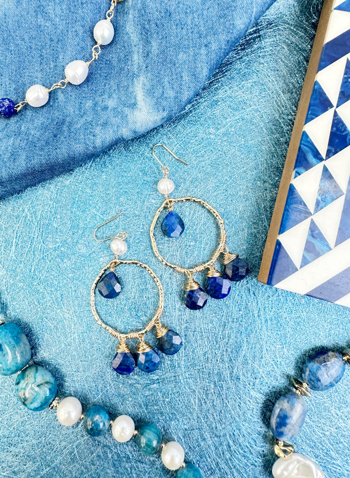 Bohemian Style Lapis with Freshwater Pearls Dangle Earrings KE010 - FARRA
