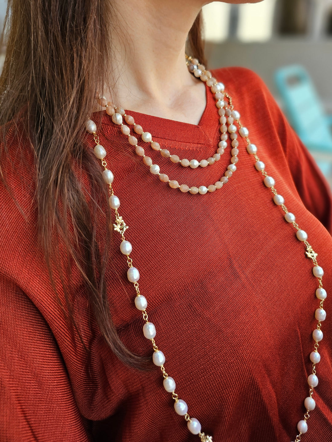 Double Layers Orange Moonstone With Freshwater Pearls Necklace NN009