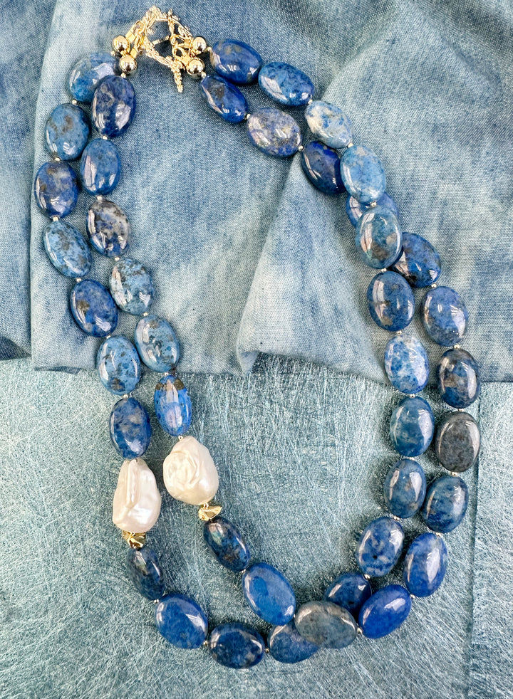 Blue Agate With Baroque Double Wrapped Necklace KN020 - FARRA