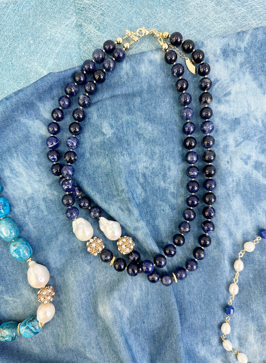Blue Sodalite With Baroque Pearl And Rhinestones Double Strands Necklace KN019 - FARRA