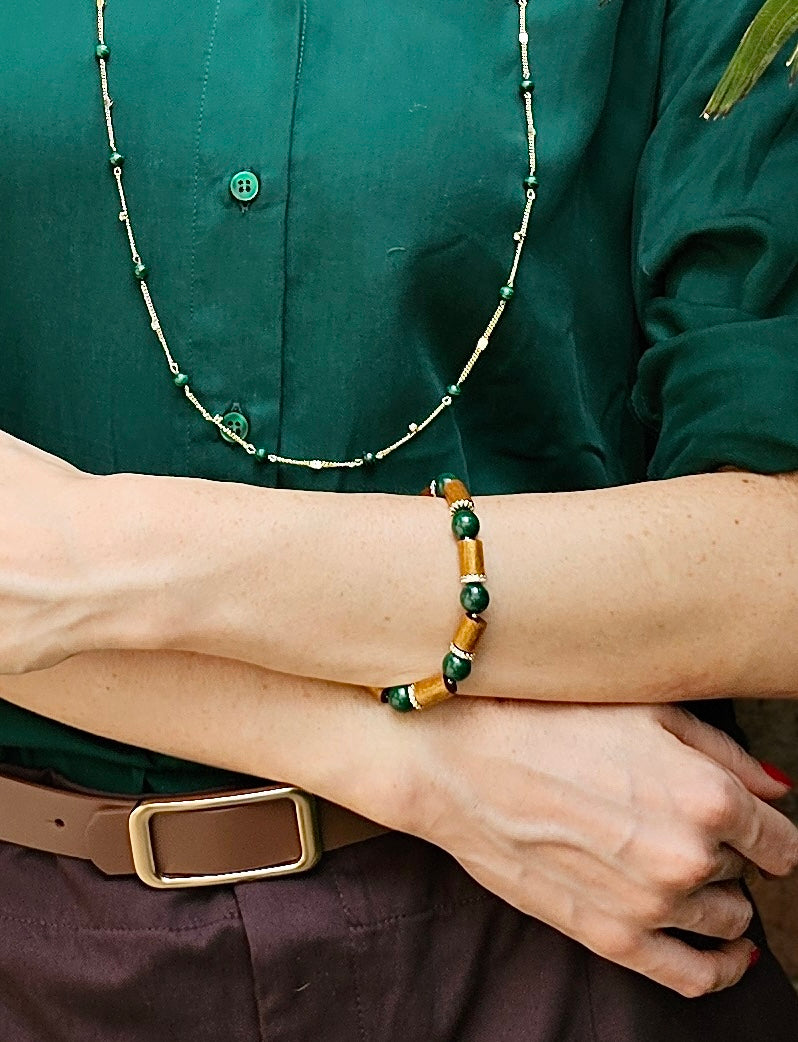 Golden Coral With Green Malachite Adjustable Bracelet NB013