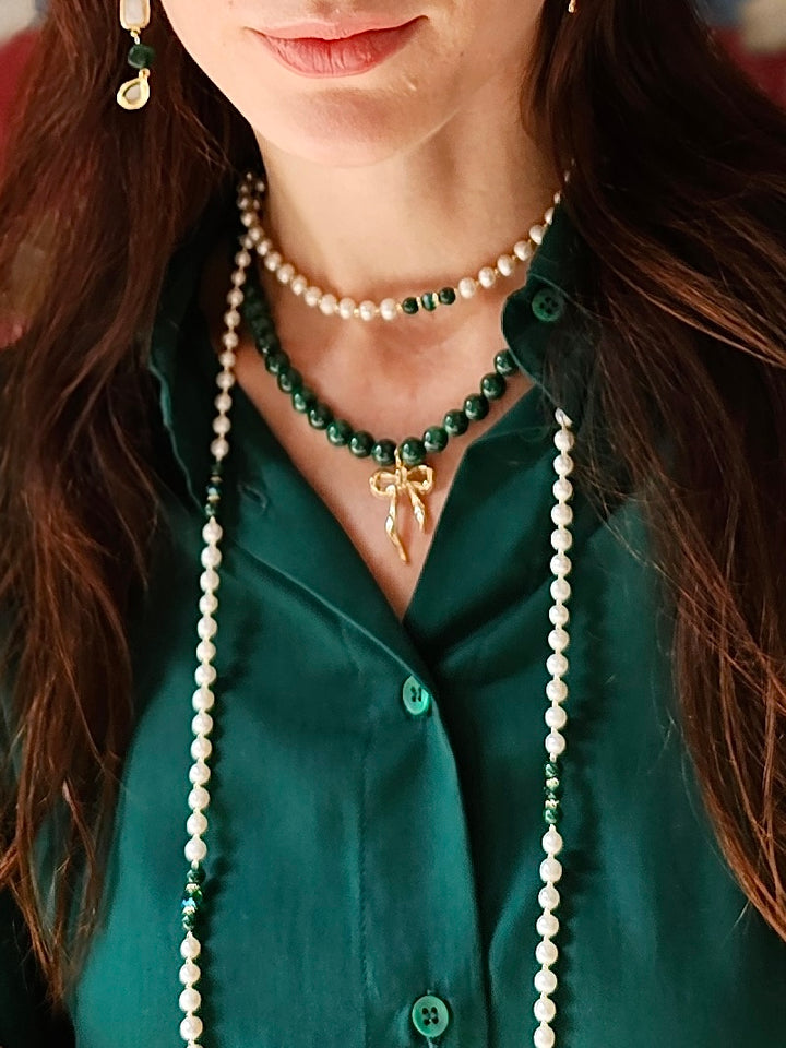 Malachite With Freshwater Pearls Versatile Long Necklace NN035