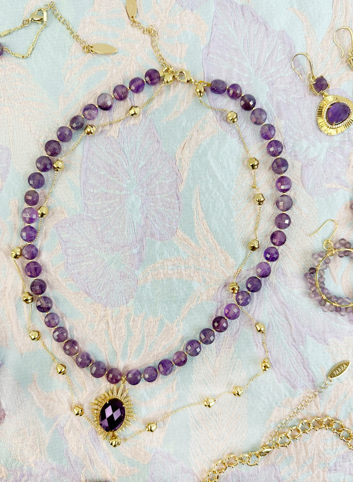 Bohemian Style Amethyst With Gold Chain Double Layers Necklace KN042 - FARRA