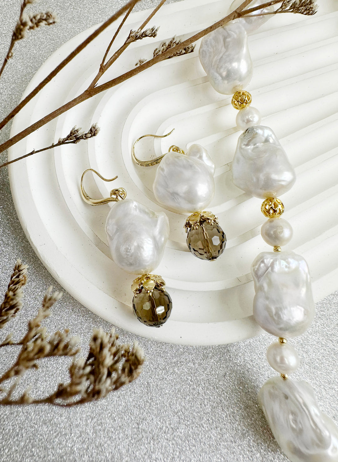 Baroque Pearl With Smoky Quartz Dangle Earrings KE001 - FARRA