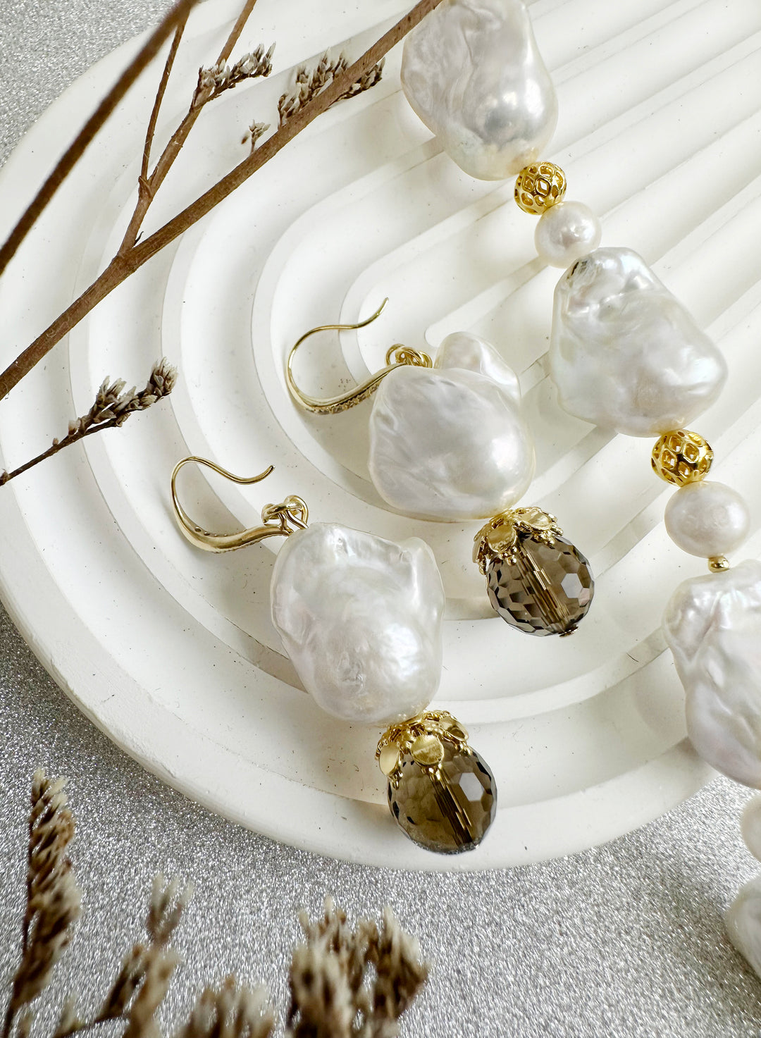 Baroque Pearl With Smoky Quartz Dangle Earrings KE001 - FARRA