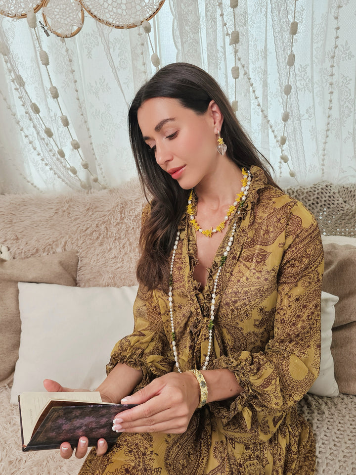 Yellow Bamboo Coral With Freshwater Pearls Necklace QN005