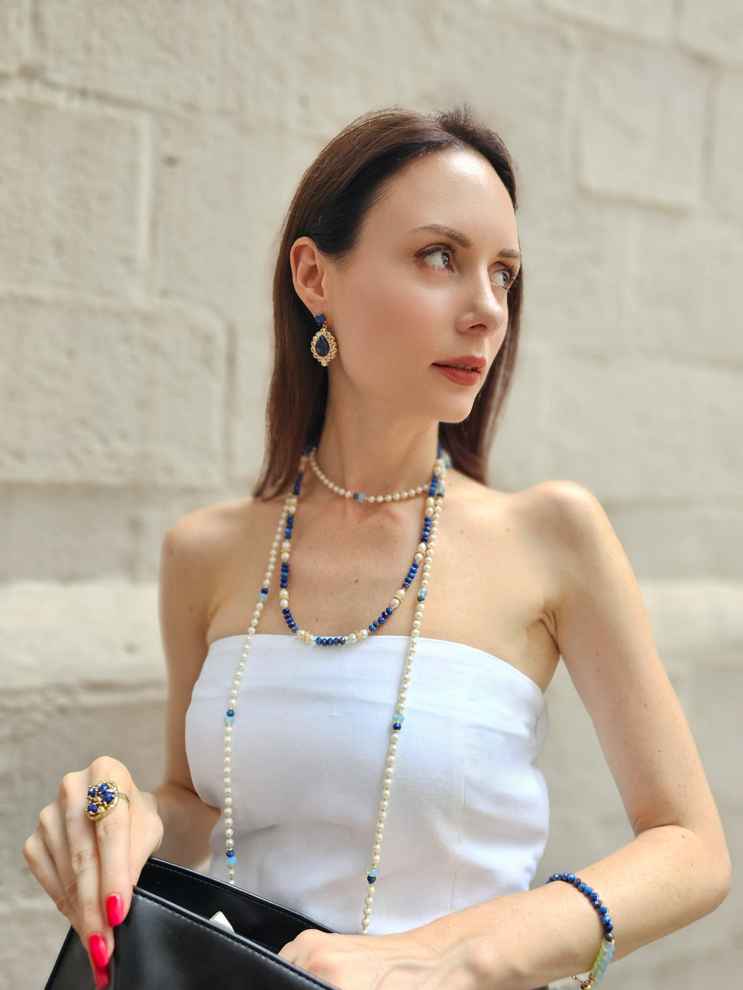 Lapis With Freshwater Pearls Matinee Length Necklace NN045