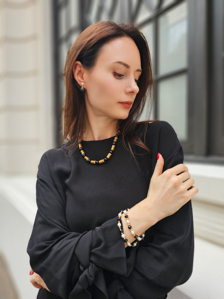 Black Obsidian and White Pearls Choker NN002