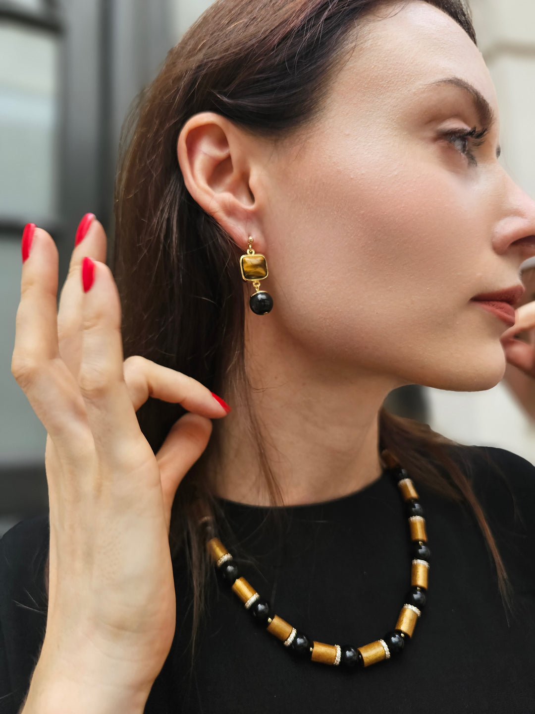 Tiger-eye Stone With Black Obsidian Minimalist Earrings NE001