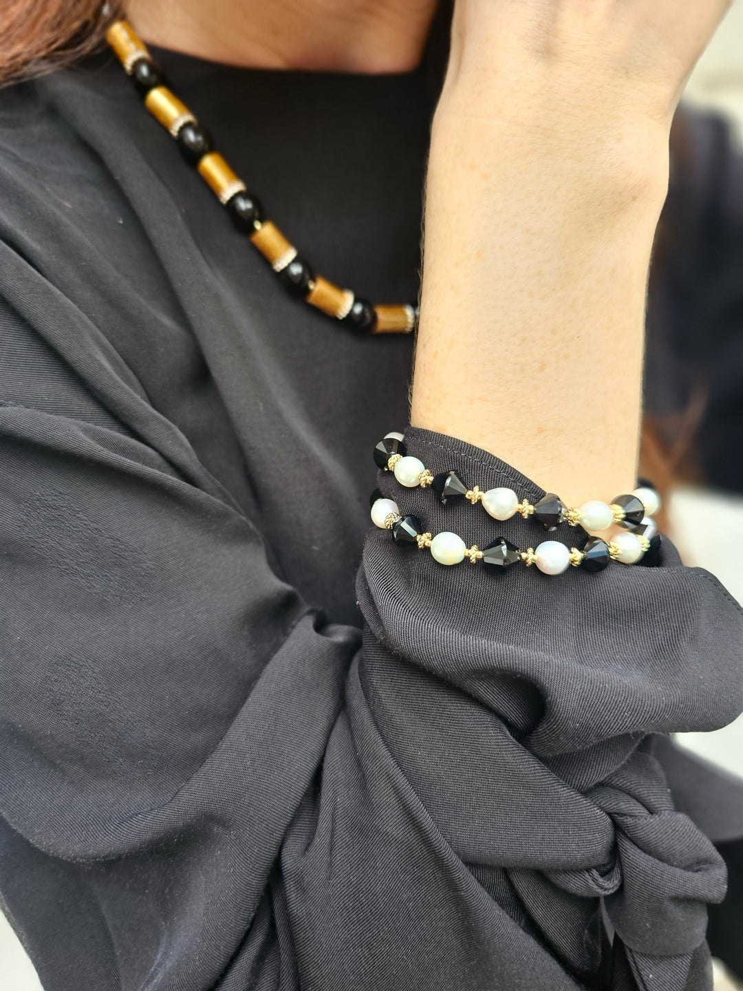 Black Obsidian and White Pearls Double Layers Bracelet / Choker NB001