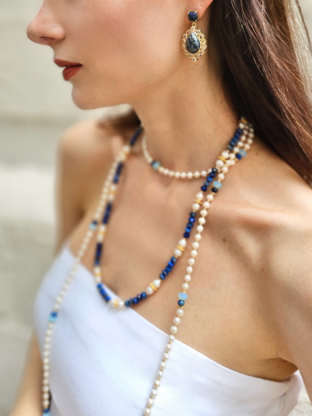 Lapis With Freshwater Pearls Matinee Length Necklace NN045