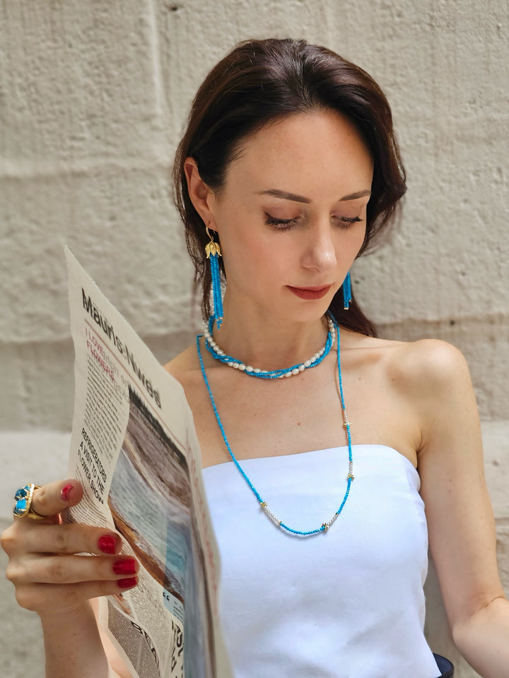 Freshwater Pearls With Blue Turquoise Twisted Necklace NN046