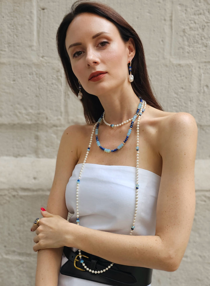 Freshwater Pearls With Lapis Opera Long Necklace NN049