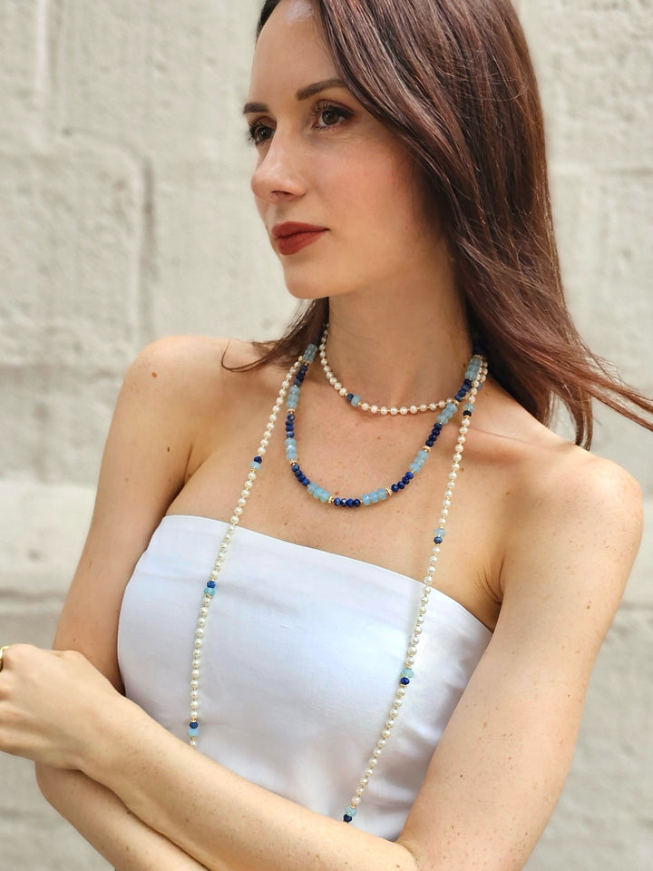 Freshwater Pearls With Lapis Opera Long Necklace NN049