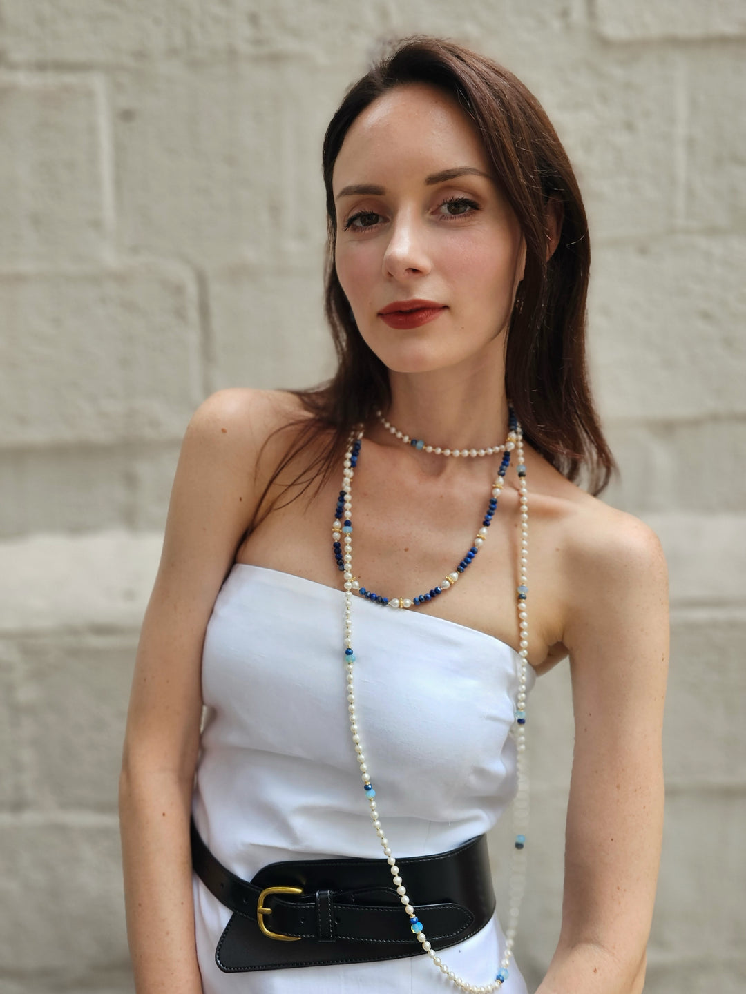 Freshwater Pearls With Lapis Opera Long Necklace NN049