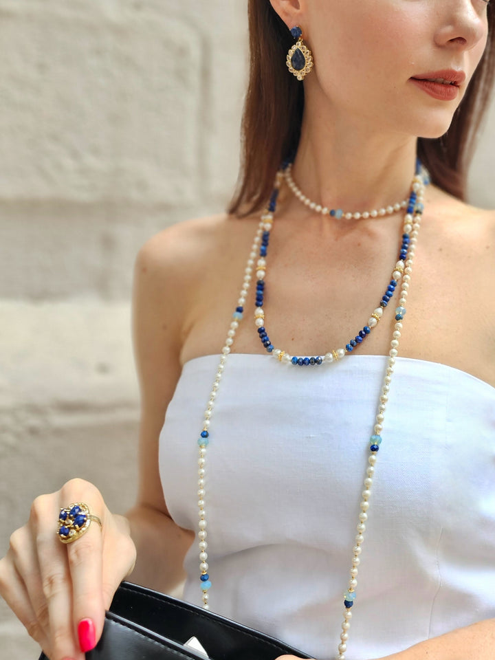 Lapis With Freshwater Pearls Matinee Length Necklace NN045